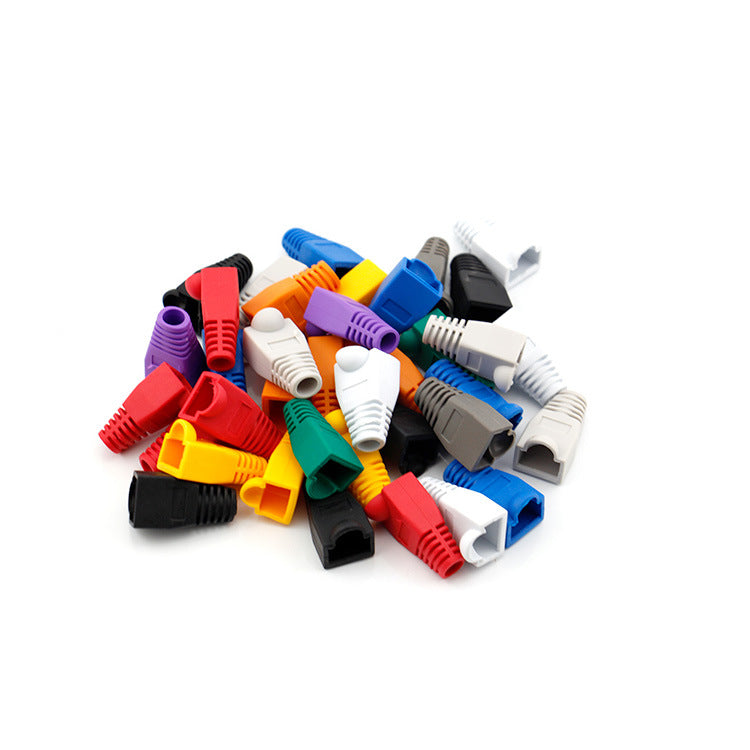 Strain relief boots with soft plastic, designed for Ethernet RJ45 cable connectors, compatible with CAT5, CAT5E, CAT6, and CAT6A Connectors.